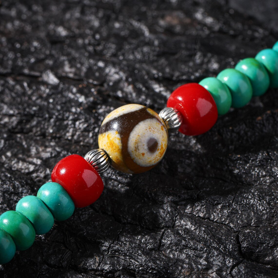 Dharma Deer Turquoise Dzi Bead Necklace 108 Mala BeadsTibetan Talisman