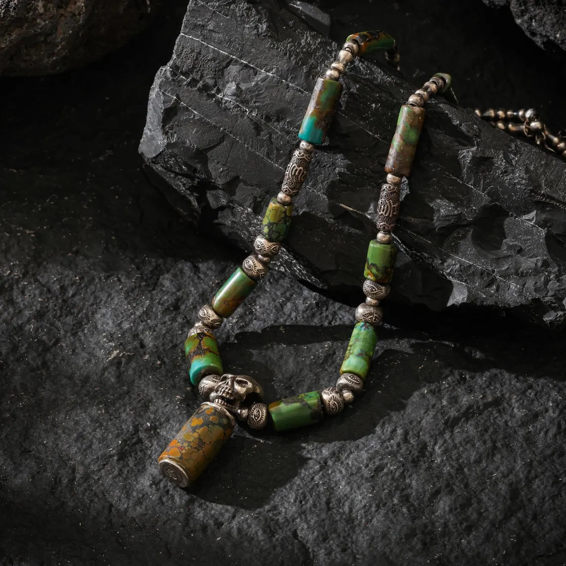 Dharma Deer Turquoise & Sterling Silver Skull Necklace | Om Mani Padme Hum Engraved Beads
