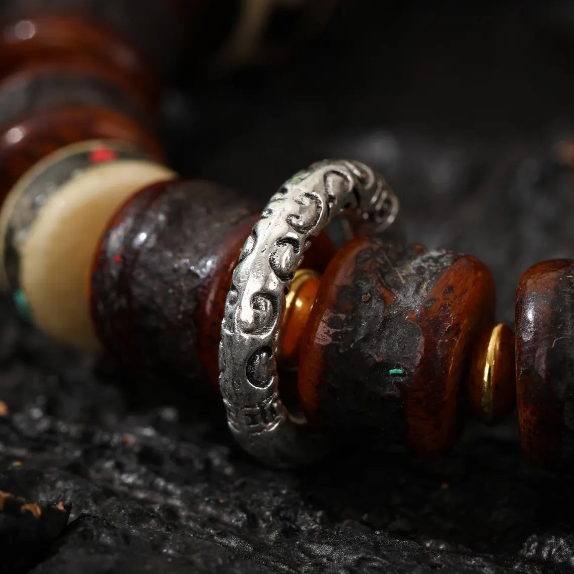 Dharma Deer Yak Bone Bead Bracelet with Dzi Accent