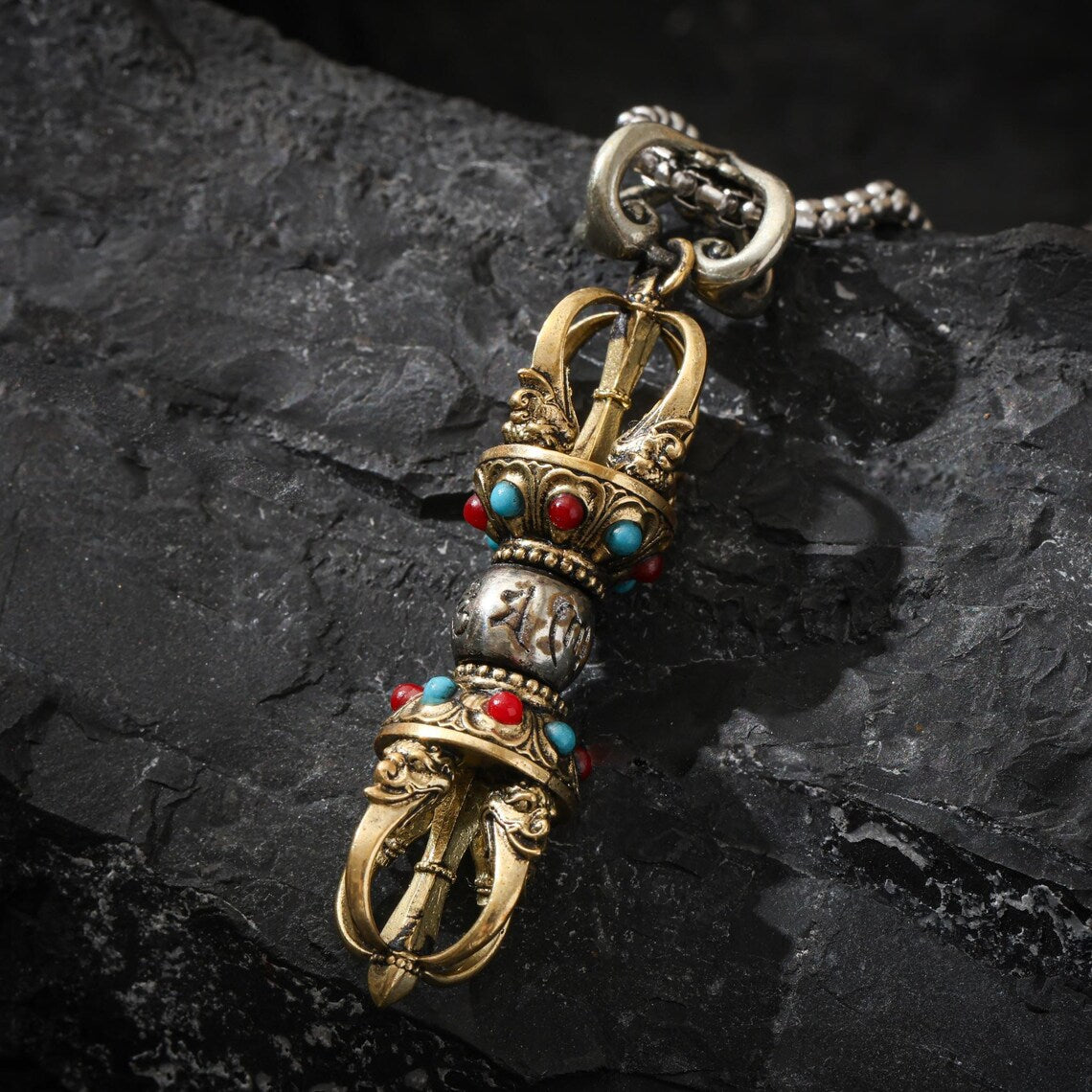 Dharma Deer Five-Pronged Vajra Pendant Tibetan Amulet