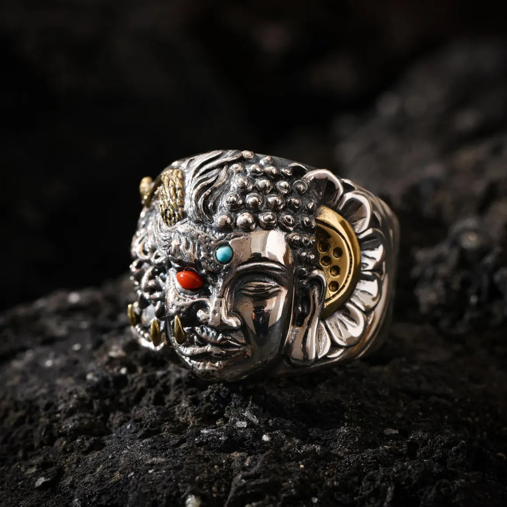Dharma Deer Guardian Mask Statement Ring, Two-Tone Tibetan Adjustable Ring
