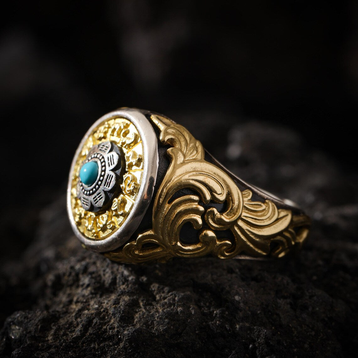 Dharma Deer Eight Trigrams Turquoise Ring Two-Tone Tibetan Statement Adjustable Ring