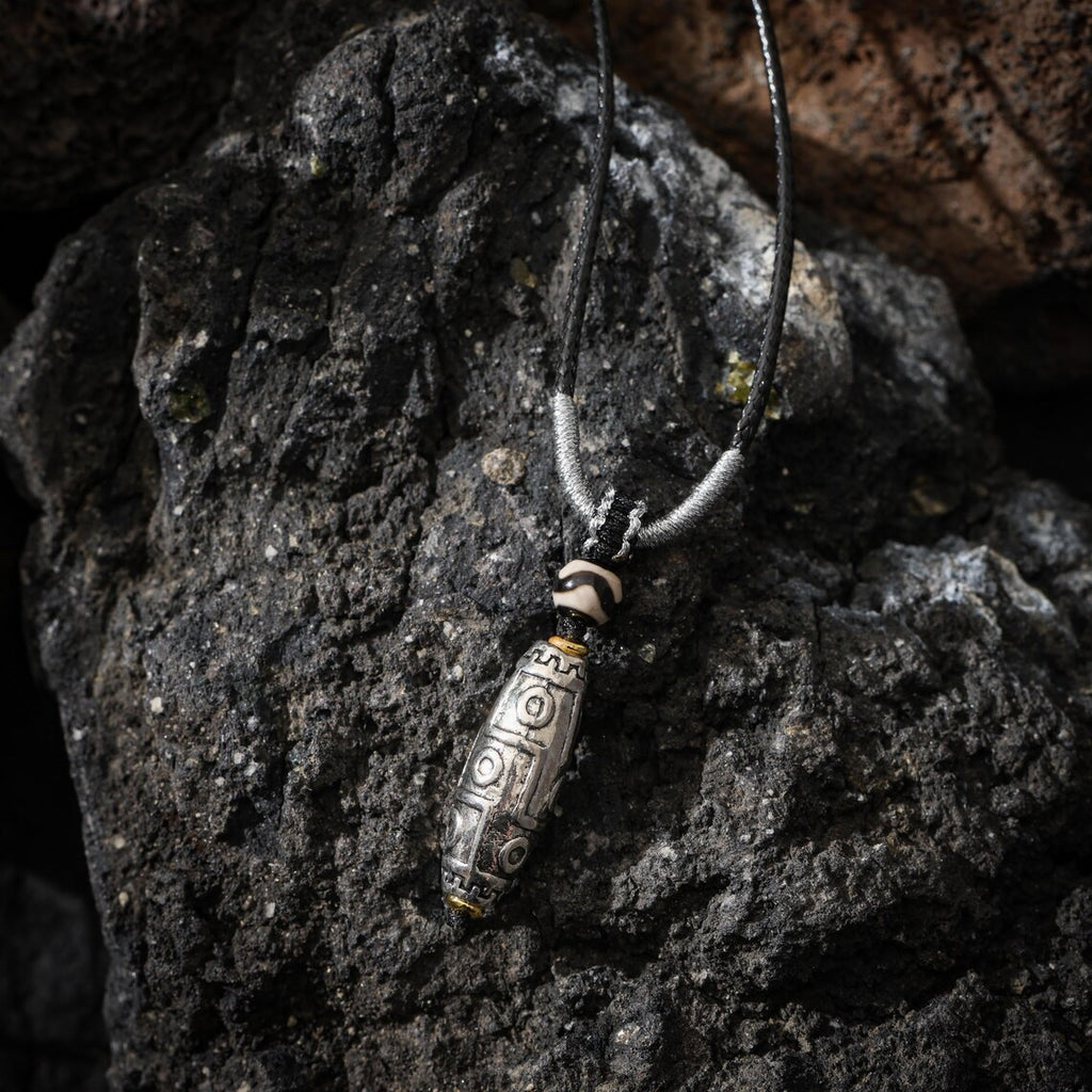 Dharma Deer Tibetan Nine-Eye Bead Necklace, Protection Talisman Jewelry, Adjustable Cord Pendant