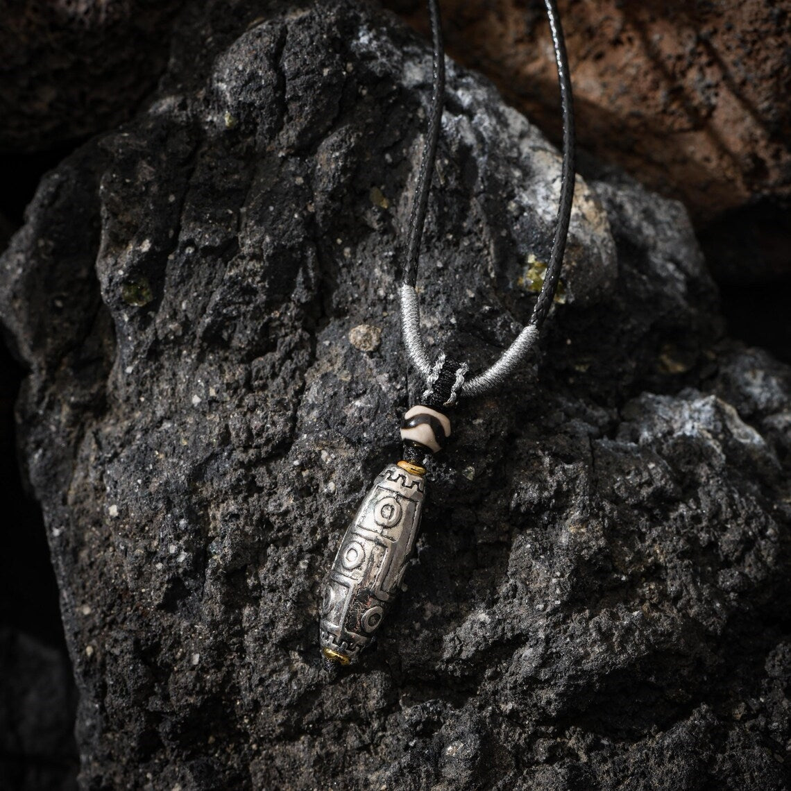 Dharma Deer Tibetan Nine-Eye Bead Necklace, Protection Talisman Jewelry, Adjustable Cord Pendant