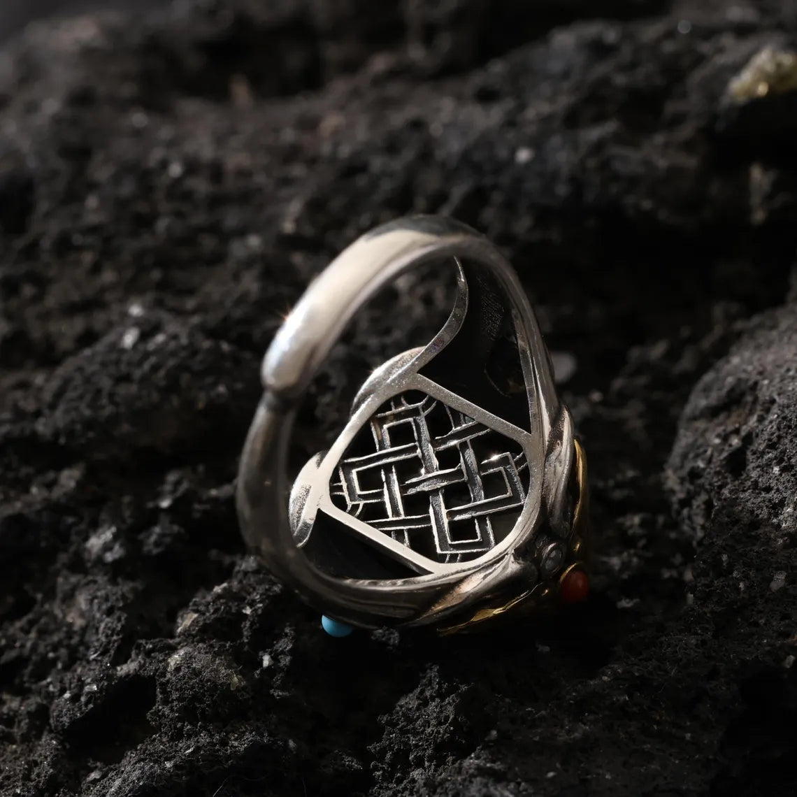 Dharma Deer Three-Eyed Dzi Ring Sterling Silver Adjustable Tibetan Statement Ring