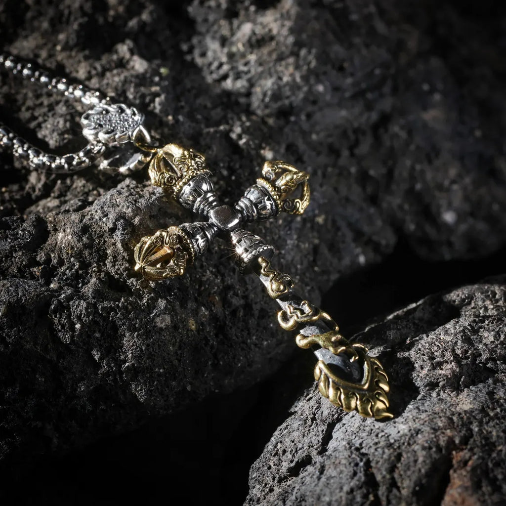 Dharma Deer Manjushri Sword & Vajra Pendant Necklace Tibetan Wisdom Protection Talisman
