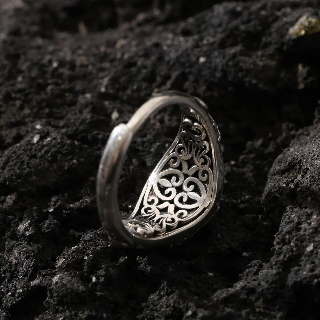 Dharma Deer Dzi Ring Sterling Silver Adjustable Tibetan Statement Ring
