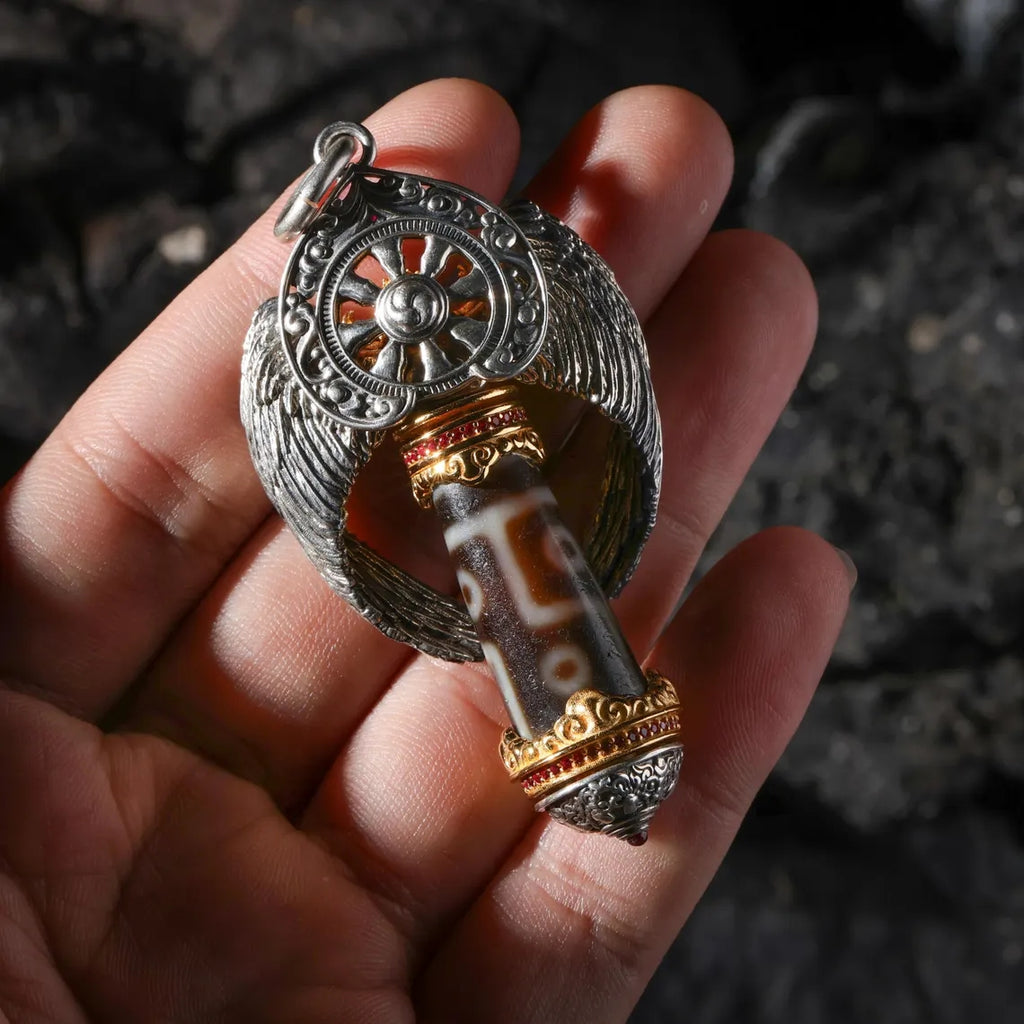 Dharma Deer Garuda Six-Eyed Dzi Bead Pendant Necklace Rotating Wheel Tibetan Amulet