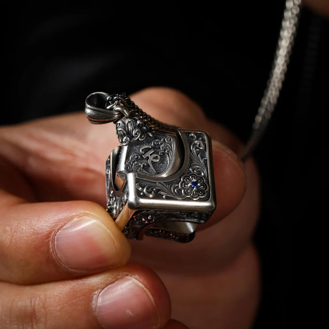 Dharma Deer Om Mantra Cube Dice Pendant, Sterling Silver Rotating Talisman Necklace, Gemstone Accents