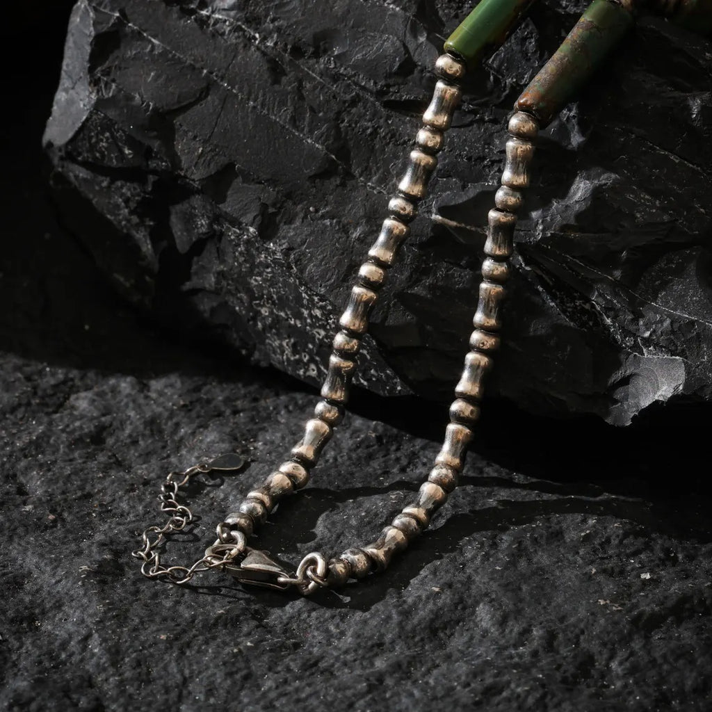 Dharma Deer Turquoise & Sterling Silver Skull Necklace | Om Mani Padme Hum Engraved Beads