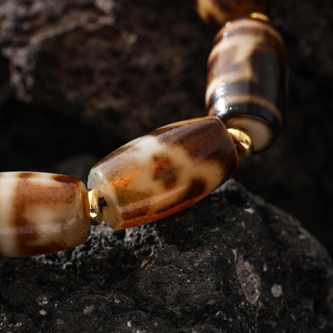 Dharma Deer Tibetan Dzi Bead Bracelet, Om Mani Padme Hum Accent Bead