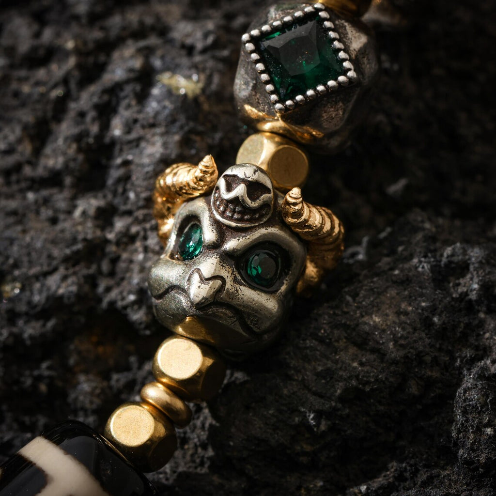 Dharma Deer Tibetan Dzi Bead Necklace, Garuda Charms, Gemstone Accents, Adjustable