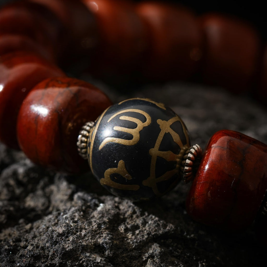 Dharma Deer Yak Bone Bracelet with Om Mani Padme Hum Bead, Adjustable Bracelet