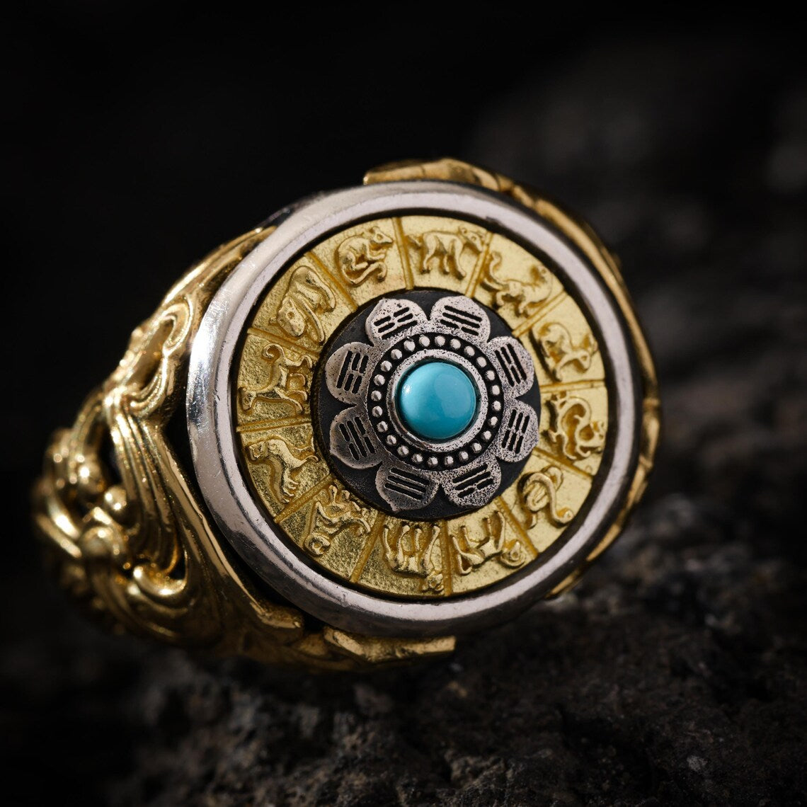 Dharma Deer Eight Trigrams Turquoise Ring Two-Tone Tibetan Statement Adjustable Ring
