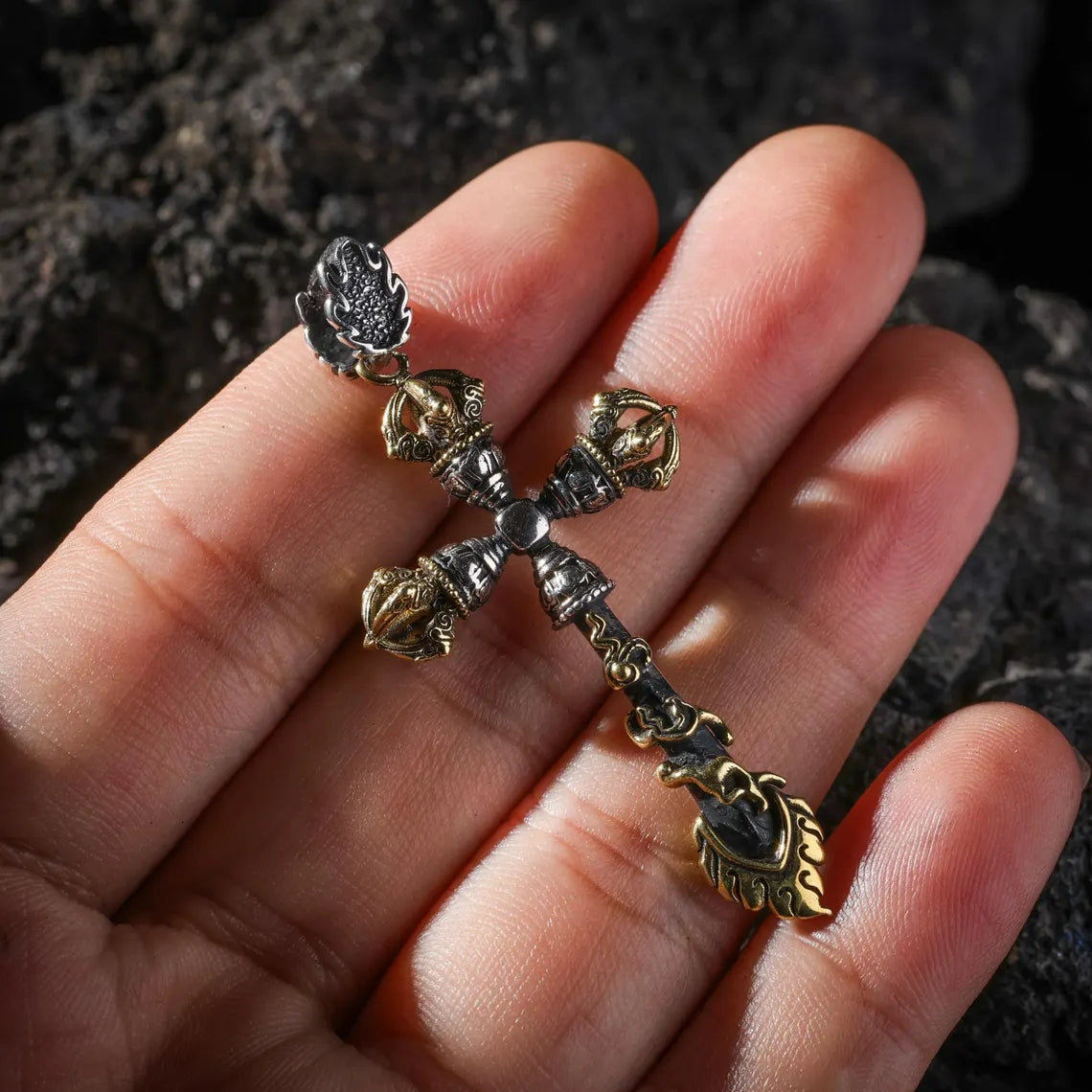 Dharma Deer Manjushri Sword & Vajra Pendant Necklace Tibetan Wisdom Protection Talisman