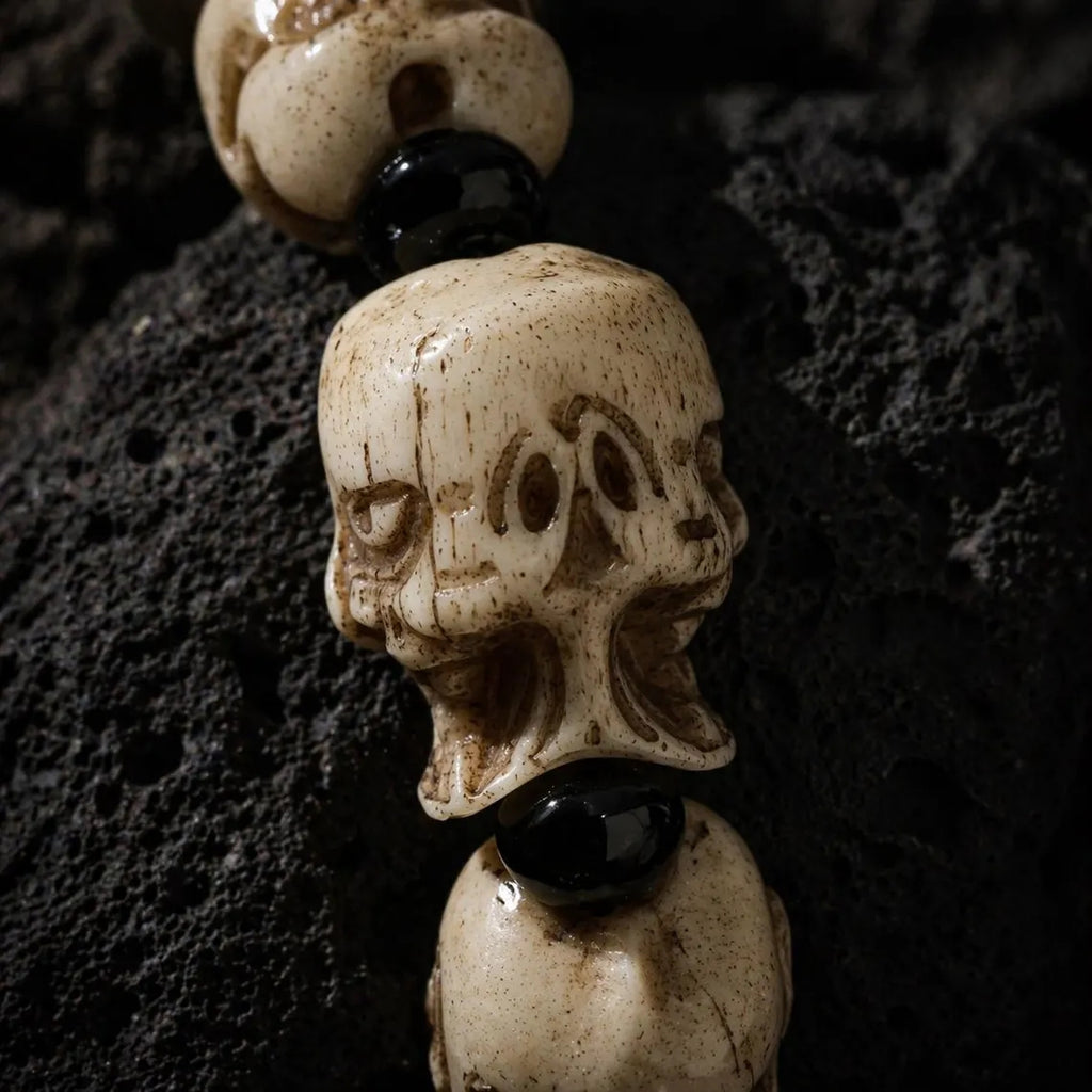 Dharma Deer Yak Bone Double-Sided Skull Amulet Bracelet Protection Amulet