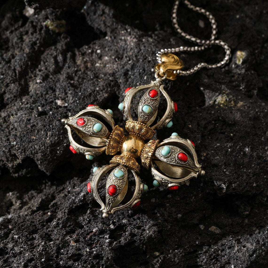 Dharma Deer Cross Vajra Pendant Tibetan Amulet