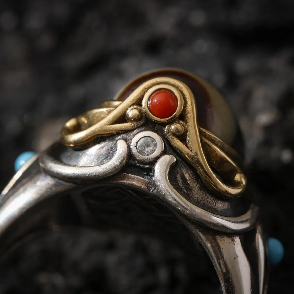 Dharma Deer Three-Eyed Dzi Ring Sterling Silver Adjustable Tibetan Statement Ring
