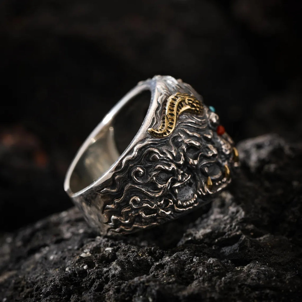 Dharma Deer Guardian Mask Statement Ring, Two-Tone Tibetan Adjustable Ring