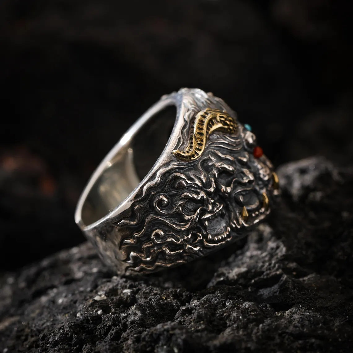 Dharma Deer Guardian Mask Statement Ring, Two-Tone Tibetan Adjustable Ring