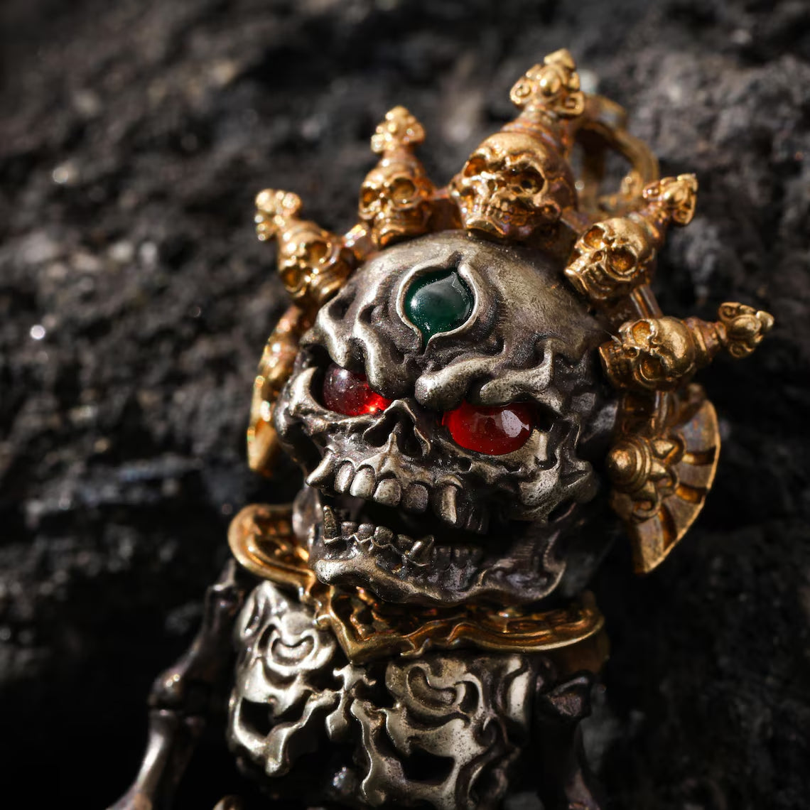 Dharma Deer Tibetan Skull Skeleton Pendant Necklace, Articulated Charm, Movable Joints