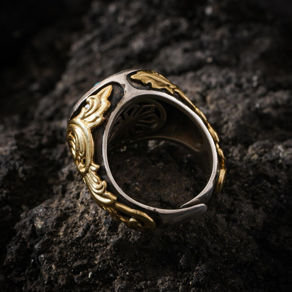 Dharma Deer Eight Trigrams Turquoise Ring Two-Tone Tibetan Statement Adjustable Ring