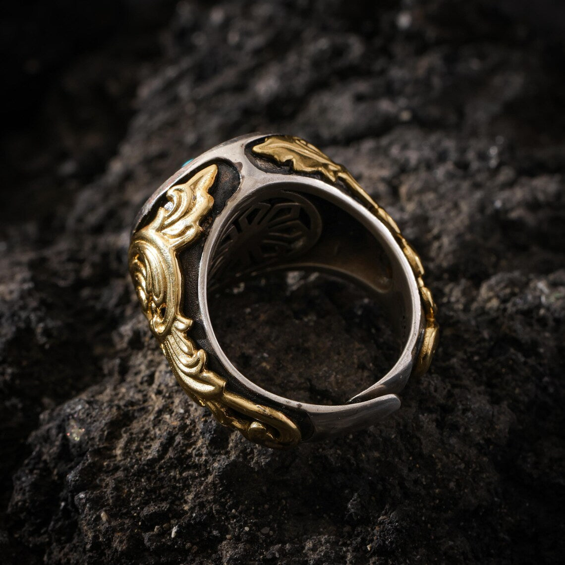 Dharma Deer Eight Trigrams Turquoise Ring Two-Tone Tibetan Statement Adjustable Ring
