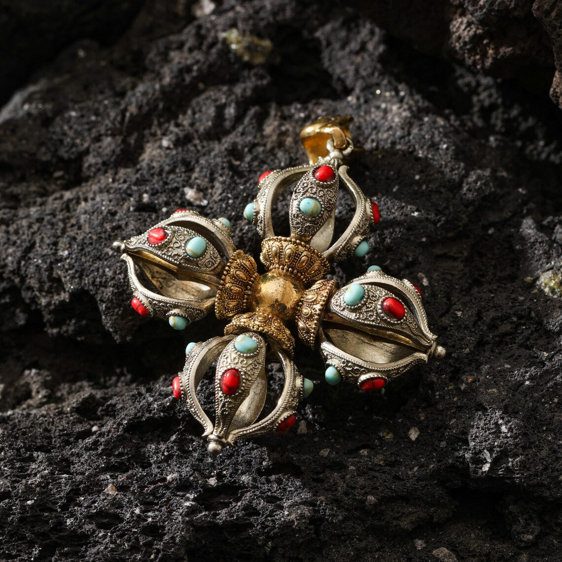 Dharma Deer Cross Vajra Pendant Tibetan Amulet