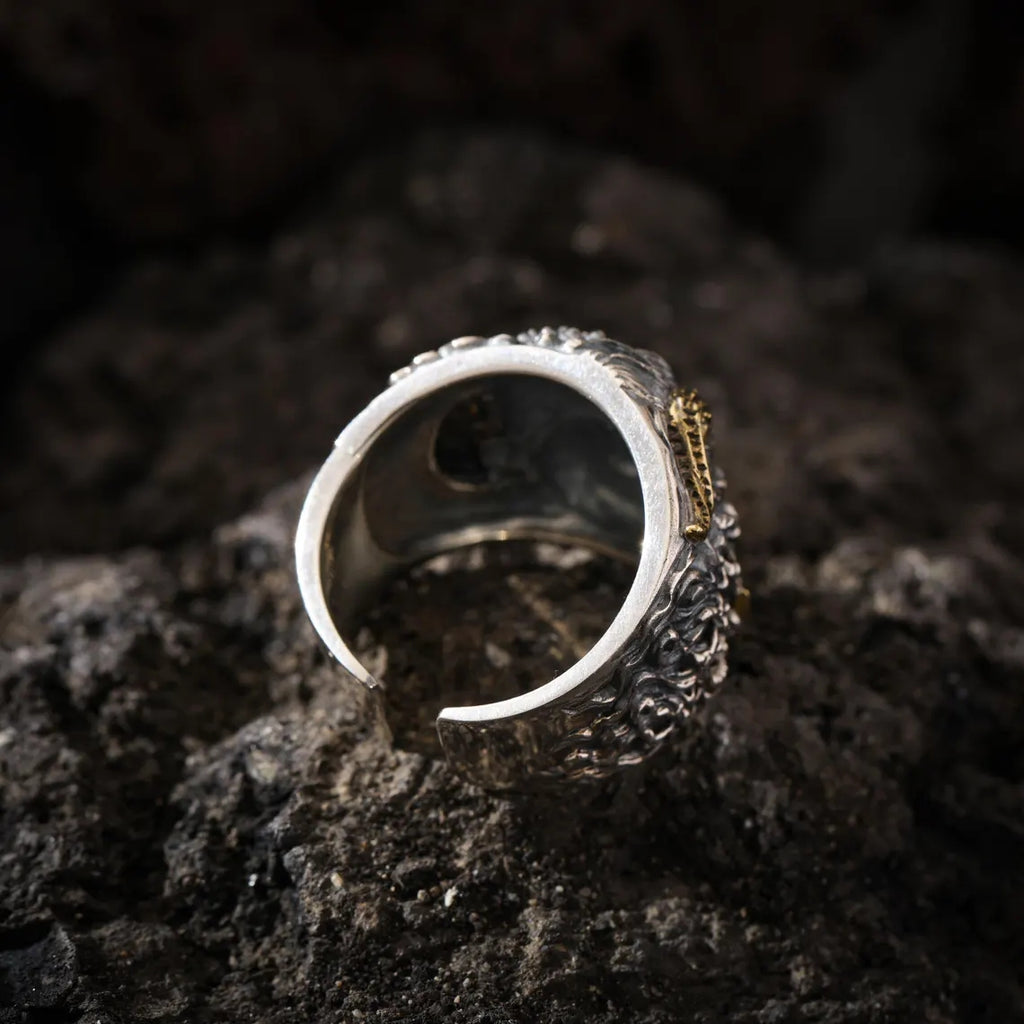 Dharma Deer Guardian Mask Statement Ring, Two-Tone Tibetan Adjustable Ring