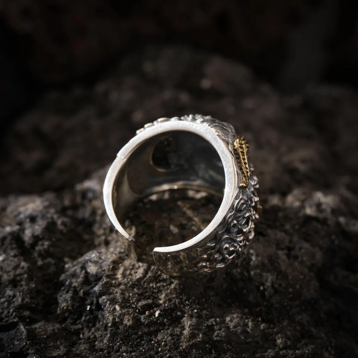 Dharma Deer Guardian Mask Statement Ring, Two-Tone Tibetan Adjustable Ring