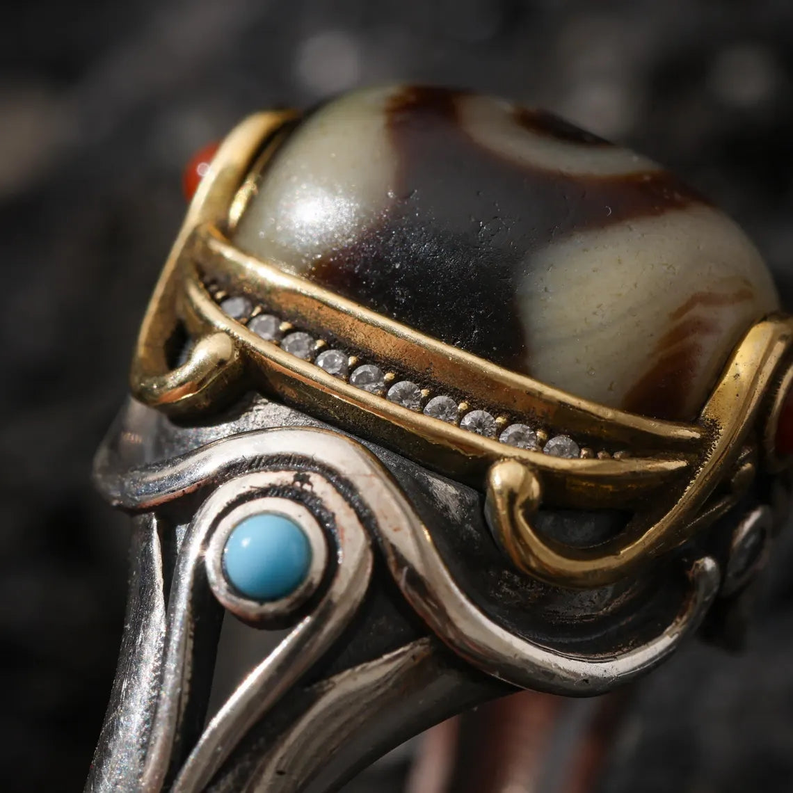 Dharma Deer Three-Eyed Dzi Ring Sterling Silver Adjustable Tibetan Statement Ring