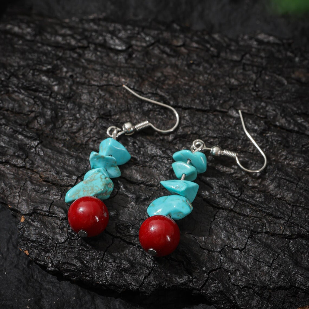 Dharma Deer Tibetan Turquoise Red Agate Dangle Earrings Sterling Silver