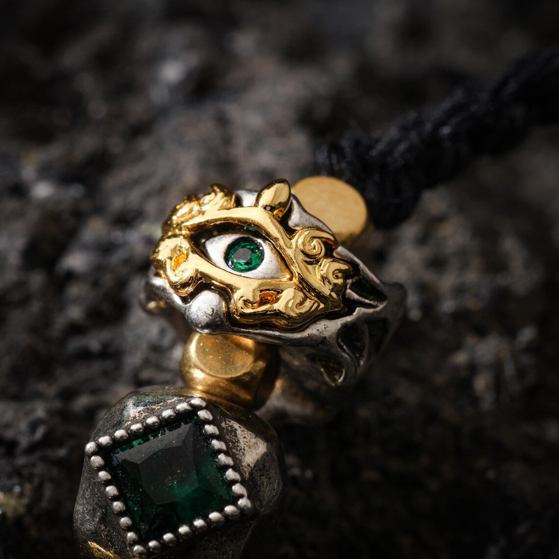 Dharma Deer Tibetan Dzi Bead Necklace, Garuda Charms, Gemstone Accents, Adjustable