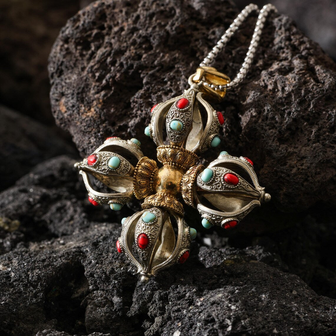 Dharma Deer Cross Vajra Pendant Tibetan Amulet