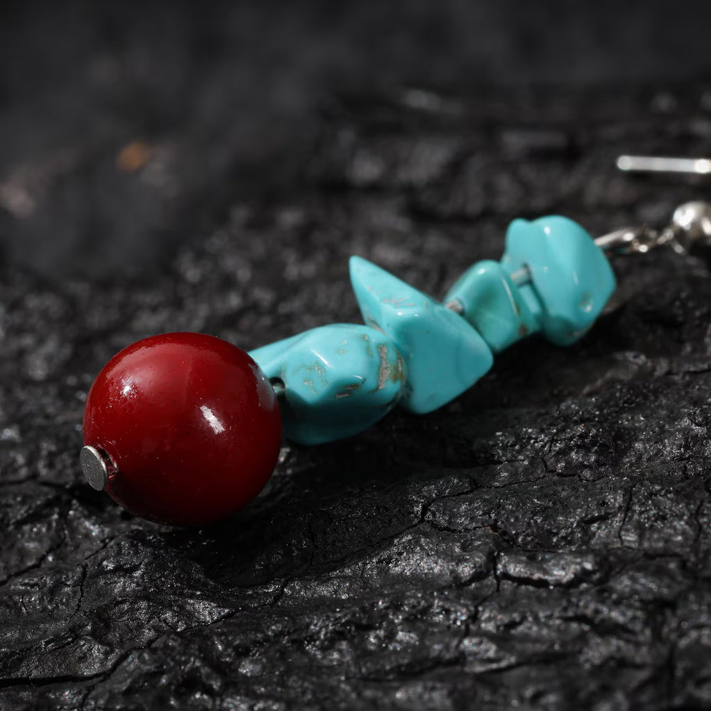 Dharma Deer Tibetan Turquoise Red Agate Dangle Earrings Sterling Silver