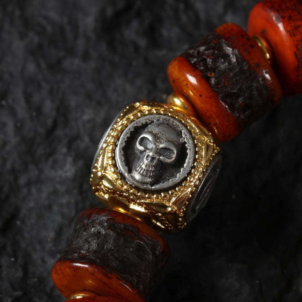 Dharma Deer Tibetan Red Yak Bone Bracelet with Skull Charm