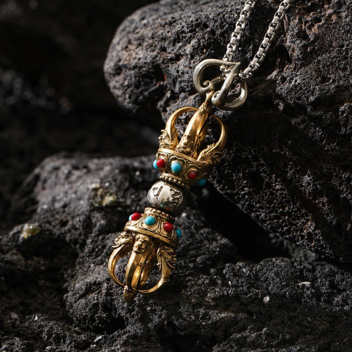 Dharma Deer Five-Pronged Vajra Pendant Tibetan Amulet
